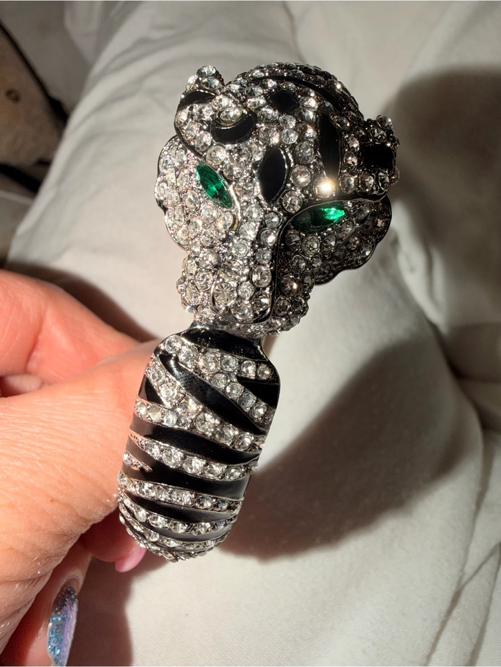 Silver Crystal Tiger Head Bangle Bracelet with Green Eyes - Women Jewelry